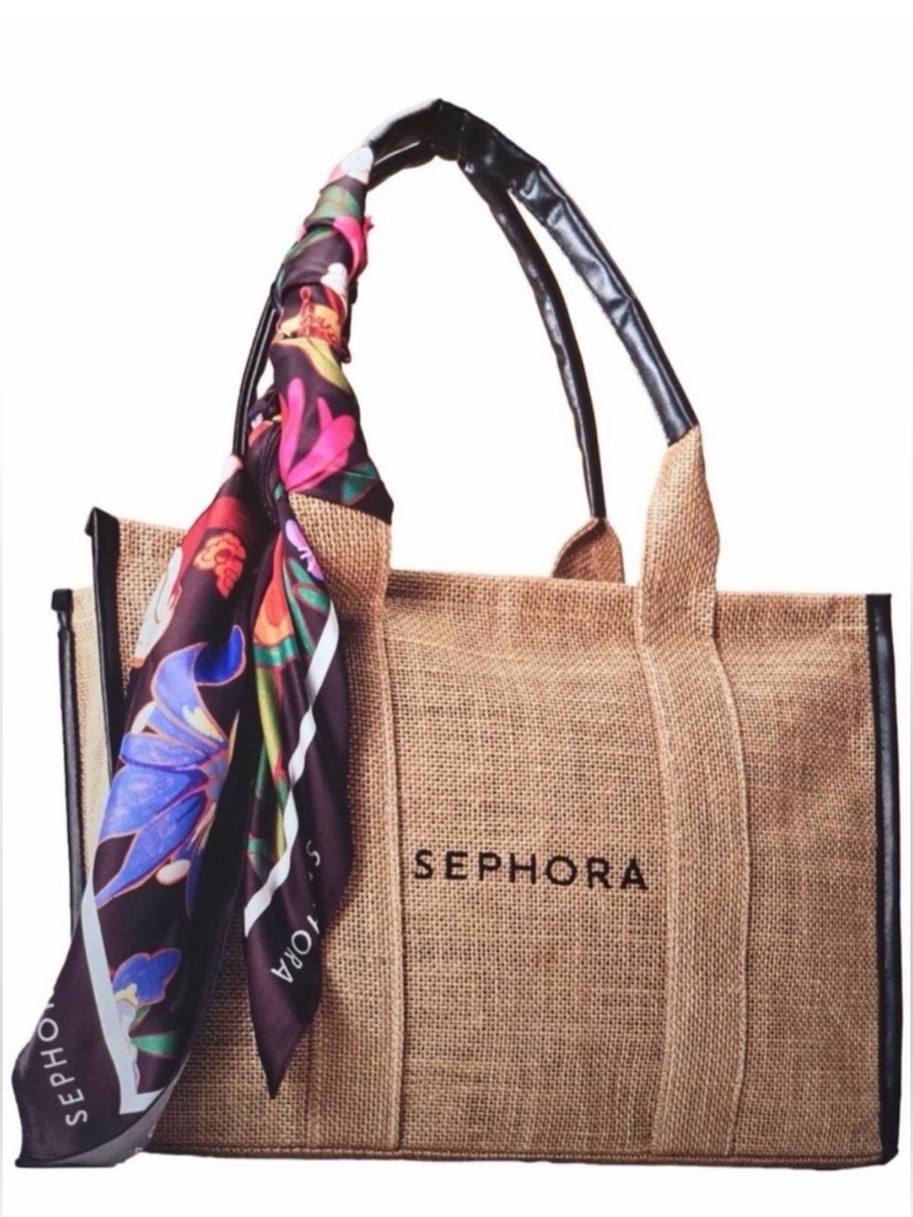 Sephora Natural Tan Jute Tote w Canada Limited Edition Floral Scarf New GWP